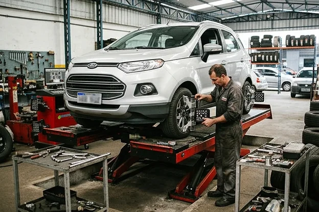 Carro recebendo alinhamento de rodas em uma borracharia.