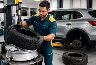 Profissionais realizando a troca de pneus em uma borracharia.