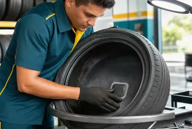 Profissionais realizando conserto de pneus em uma borracharia.
